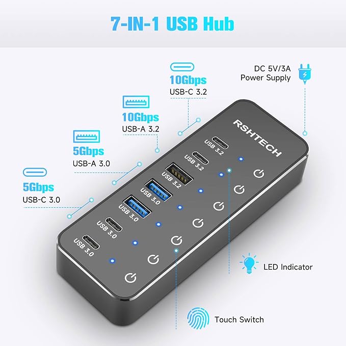 RSHTECH 7-Port Powered USB 3.2/USB-C Hub Splitter with 3 x 10Gbps USB-3.2 Ports (2C + 1A)4 USB-3.0 Ports (2C + 2A) 3.3ft Cable Touch Switches and 5V Power Adapter for Laptop PC