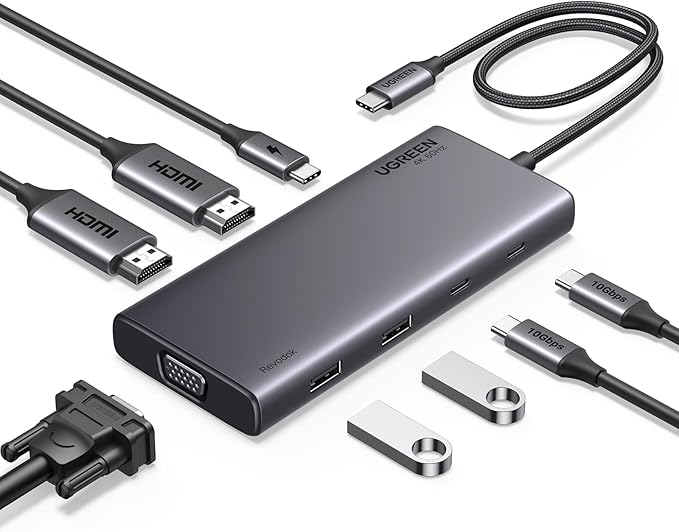UGREEN 8 in 1 USB C 4K Docking Station Dual Monitor Triple Display USB C Hub with 2 HDMI VGA 2 USB A&ampC 3.2 Ports 100W PD Compatible for MacBook Dell HP Lenovo Surface etc