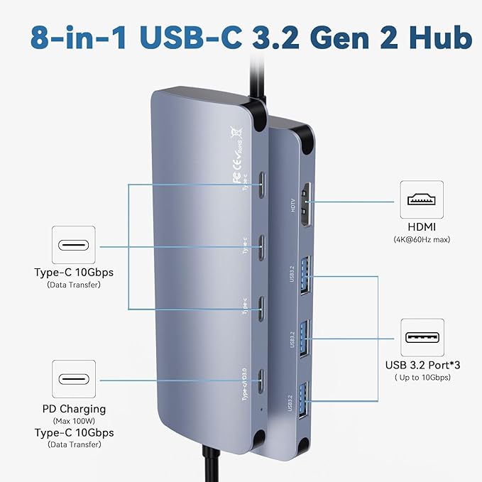 USB C to USB Hub 8-in-1 with 4K@60Hz HDMI 3 USB-C 3.2 Gen2 10Gbps 3 USB A 3.2 10Gbps Ports100W Power Delivery with 10Gbps Data USB-C Hub Multiport Adapter for MacBook Pro and More Type C Devices