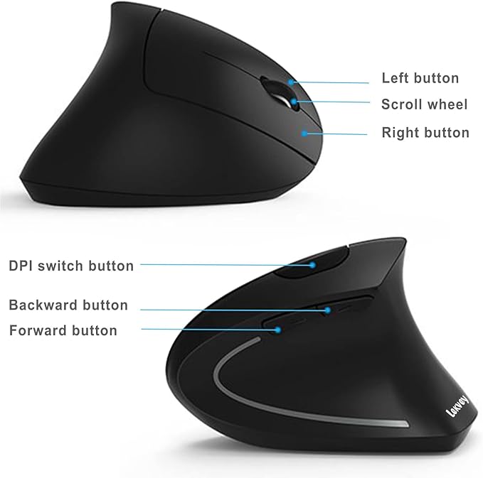 Ergonomic Mouse LEKVEY Vertical Wireless Mouse - Rechargeable 2.4G Optical Vertical Mice : 3 Adjustable DPI 800/1200/1600 Levels 6 Buttons for Laptop Mac PC Computer Desktop Notebook etc Black