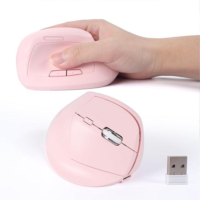 Bluetooth Wireless Vertical Mouse - Ergonomic Design Rechargeable with Type-C Silent Operation for Office and Home Use Ideal for Professionals &amp Students (Pink)