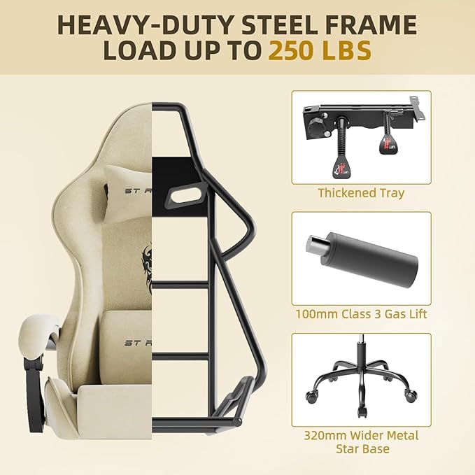 Ferghana Velvet Fabric Gaming Chair High Back Ergonomic Gamer Chair for Adult Comfortable Video Game Chair with Footrest and Massage Lumbar Cushion Racing Reclining Office Computer Desk Chair Beige