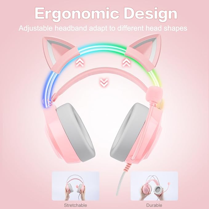 Gaming Headset with Microphone Cat Ear Headphones for PC Laptop PS4 PS5 Xbox Switch Rainbow RGB Lighting &amp Virtual Surround Sound 3.5mm Wired Over Ear Headphones Ergonomic