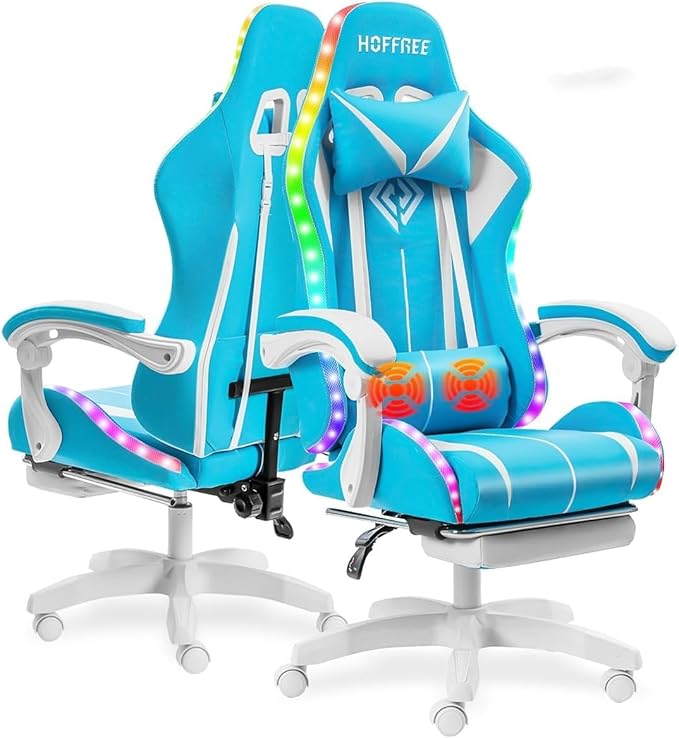 RGB Gaming Chair with LED Lights Massage Game Chair with Footrest Ergonomic Computer Chair High Back Video Game Chair with Adjustable Lumbar Support Linkage Armrest Blue and White