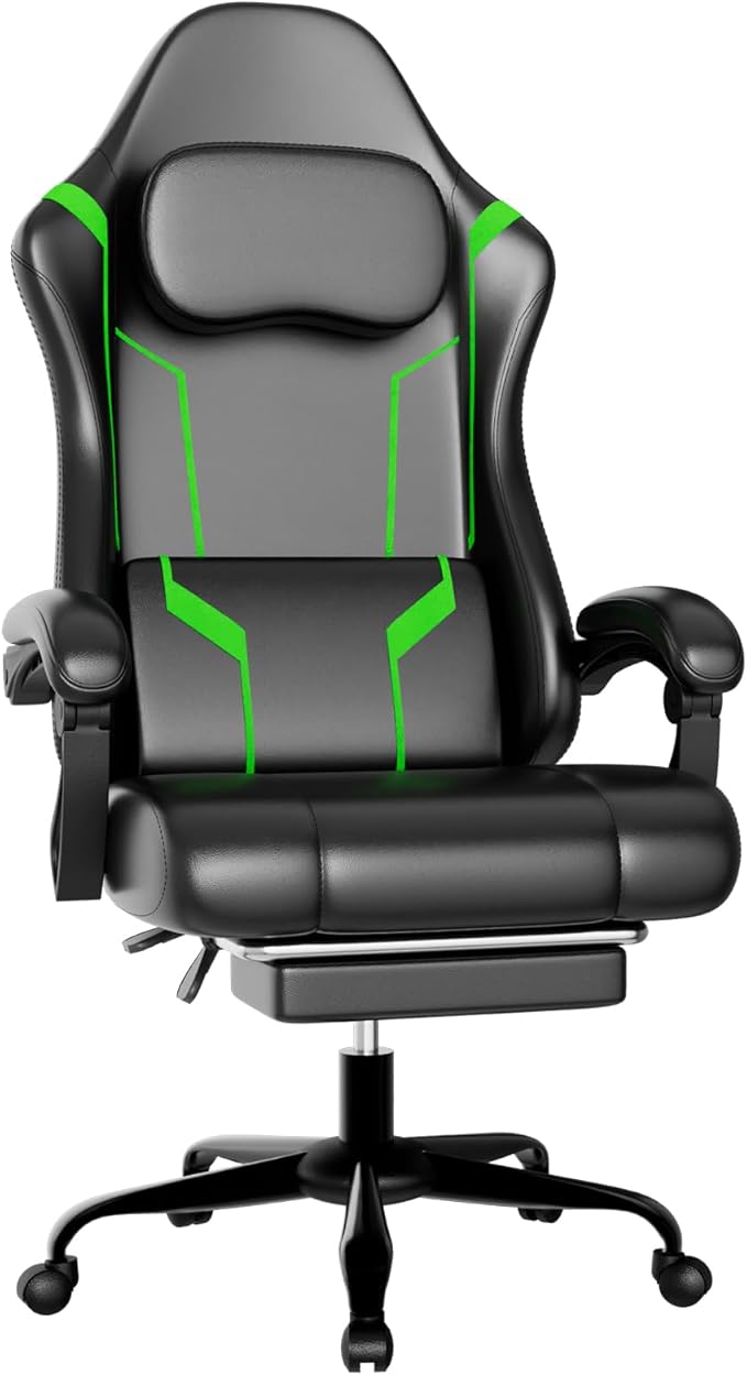 Gaming Chair with Pocket Spring Cushion &amp Footrest - Ergonomic Computer Chair with Adjustable Height Headrest &amp Swivel SeatFaux Leather Green