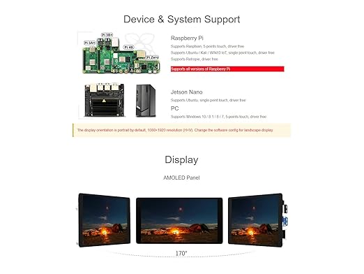 waveshare 5.5inch Capacitive Touch AMOLED Display Compatible with Raspberry Pi 4B/3B+/3A+/2B/B+/A+/Zero/Zero W/WH/Zero 2W CM3+/4 1080×1920 Resolution HDMI Supports Jetson Nano/Windows