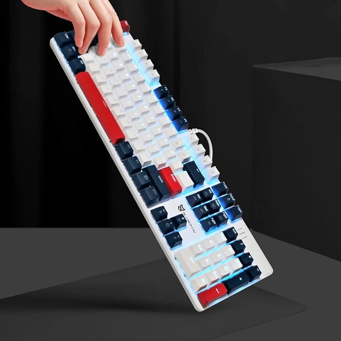 Qisan 104 Mechanical Keyboard for Gaming | Large Size USB White Backlit Gaming Keyboard Wired | US Layout Blue Switches Hot Swappable Mechanical Clicky Keyboards Compatible with PC &amp Laptop