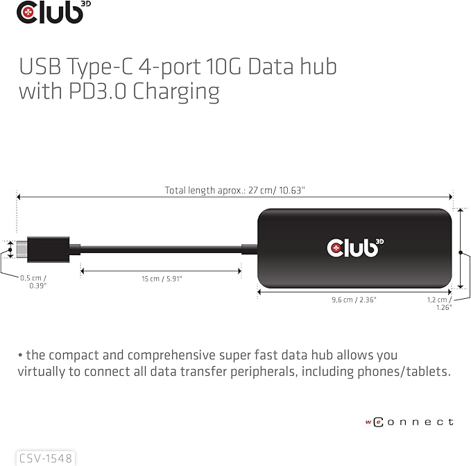 Club 3D CSV-1548 USB Type-C Hub with 4 Ports 10G Data Transfer PD3.0 Charging- Compatible with Gen2 USB Peripherals- 10Gbps Data Transfer Rate