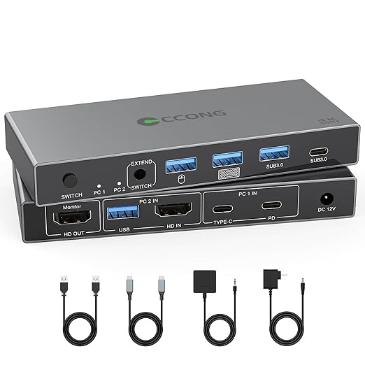 USB C HDMI KVM Switch 1 Monitors 2 Computers4K@60Hz KVM Switch 2 Port for 1 Laptop 1 Desktop Share 1 Monitor Keyboard Mouse Printer and 100W PD Charging for LaptopWired Remote 2 USB Cable Included