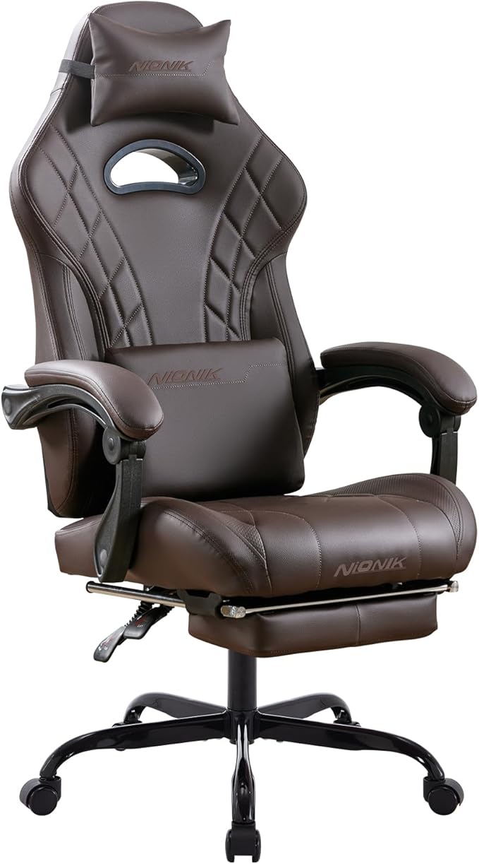Gaming Chair with Footrest and Massage Lumbar Support Ergonomic Computer Gamer Chair Office Video Game Chairs with Adjustable Height and Backrest (Coffee)