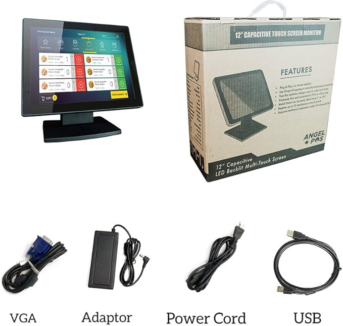 12-Inch Capacitive Multi-Touch POS TFT LED Touchscreen Monitor True Flat Seamless Design with Adjustable POS Stand for Retail Restaurant HDMI &amp VGA Inputs High Resolution 1024 x 768