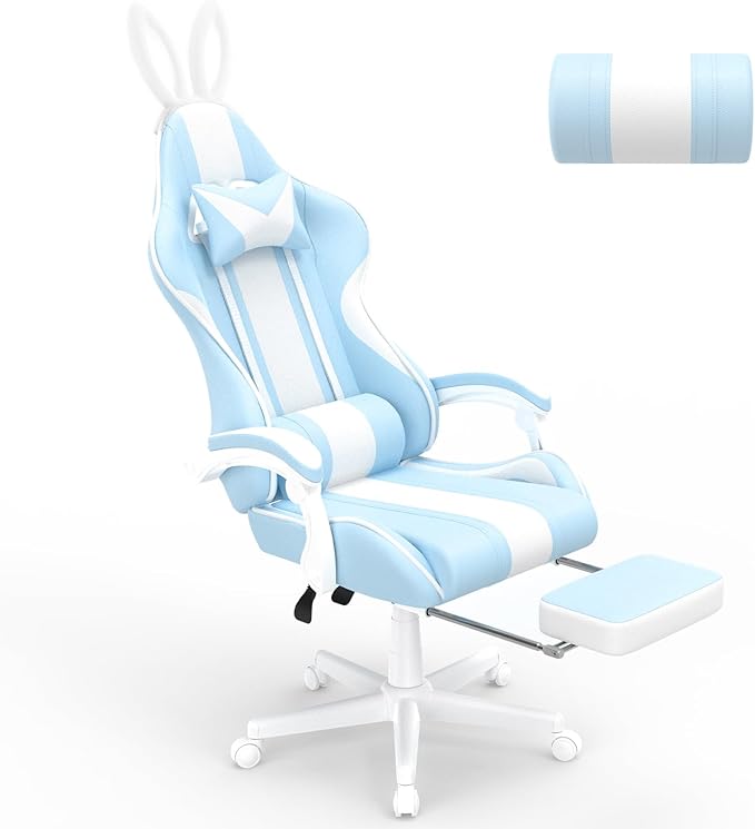 Ferghana Kawaii Light Blue Gaming Chair with Bunny Ears Ergonomic Cute Gamer Chair with Footrest and Massage Racing Reclining Home Computer Game Chair for Girls Adults Teens Kids