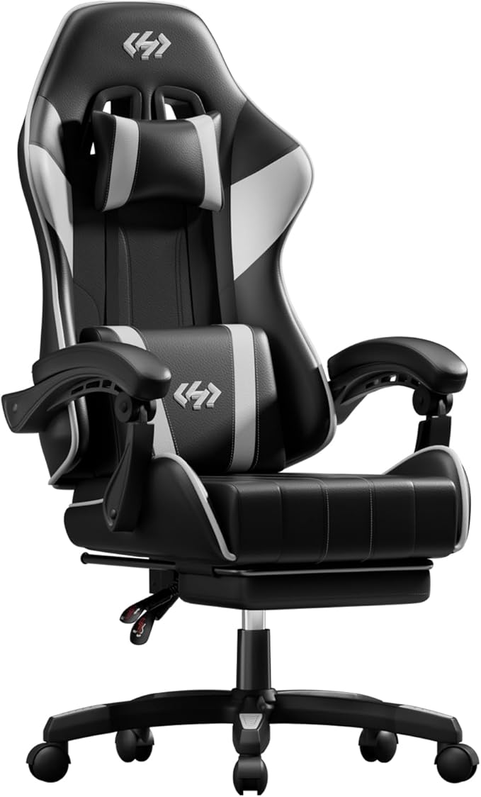 HLDIRECT Gaming Chair Ergonomic Computer Office Chair with Lumbar Support Footrest Headrest PU Leather 360° Swivel Adjustable Height Metal Frame 200 lbs Capacity (Black&ampWhite)