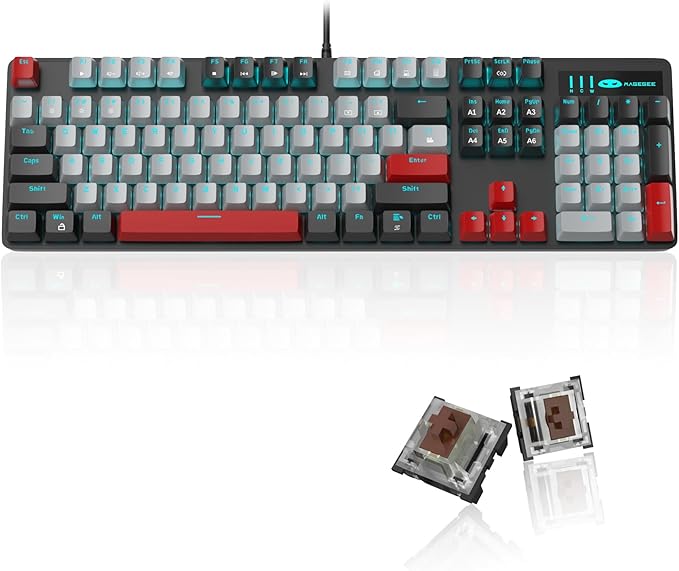 MageGee Mechanical Gaming Keyboard 104 Keys Blue Backlit Keyboards with Brown Switches &amp Double-Shot Keycaps USB Wired Mechanical Computer Keyboard for Laptop Desktop PC Gamers (Black &amp Gr
