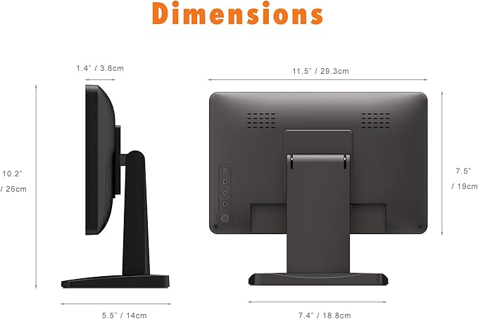 ANGEL POS 12” Touch Screen Monitor 1366×768 HD POS Display with HDMI &amp VGA Splash-Resistant Front Adjustable Metal Stand Ideal for Customer Display Checkout Counter or POS Terminal