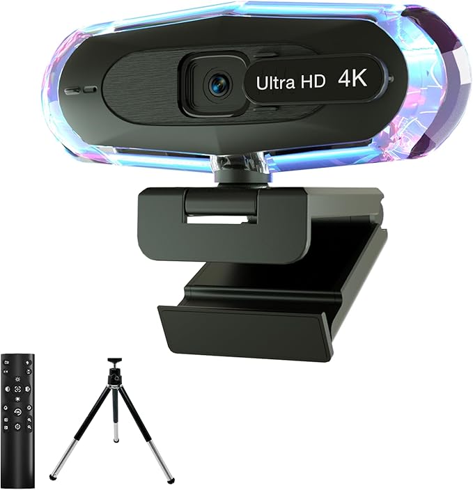 4K Webcam for PC 4K Webcam with Remote Control and RGB Light Autofocus Streaming Camera for PC/Mac Plug and Play Computer Camera for Zoom/Skype/YouTube/Meeting