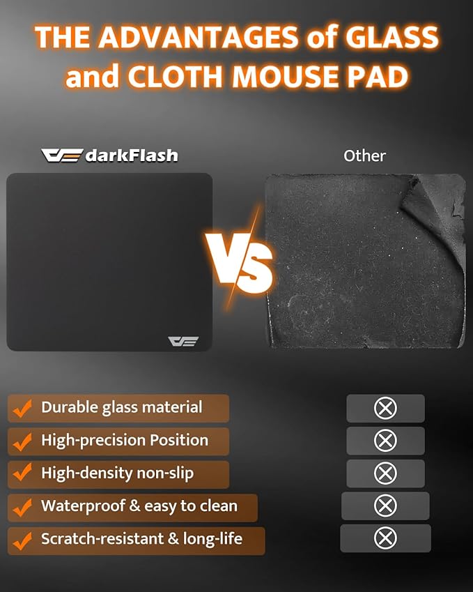 darkFlash Glass Mouse Pad 11.8×10.2 Inch Ultra-Smooth Tempered Surface Precision Tracking Anti-Slip Rubber Base Durable Etched Finish Ideal for Gaming &amp Work (Black 11.8L x 10.2W inches)