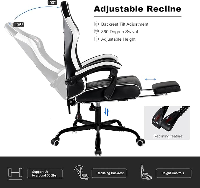 Gaming Chair for Adults with Footrest Lumbar &amp Headrest High Back Recliner Gamer Chair with Metal Legs 360° Swivel Height-Adjustable Leather Office Computer Chair (White)