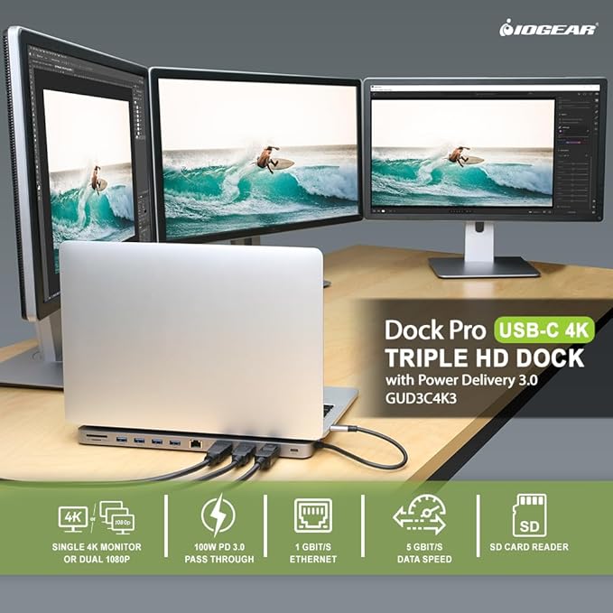 IOGEAR USB-C Triple Display Dock Station - 4K 60Hz - 2 HDMI - 1 DisplayPort - 4 USB 3.0 - Ethernet - 3.5mm Audio - USB-C 100W PD - MacBook Pro/Air Thunderbolt 3 - Type C Laptop - GUD3C4K3