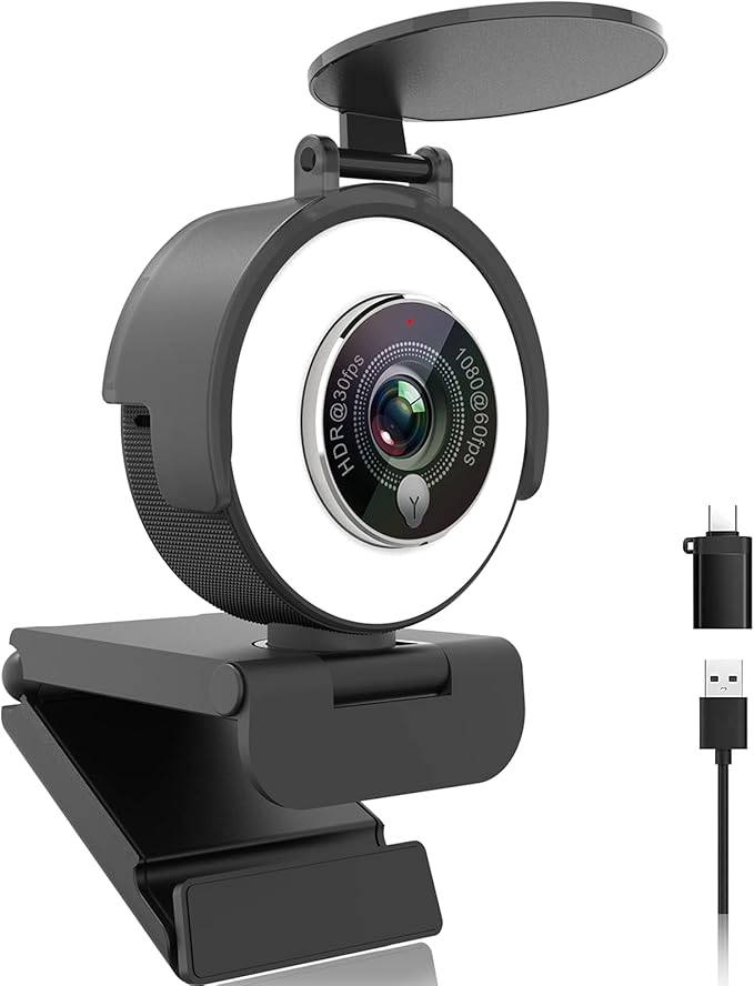 Angetube 1080p Webcam with Ring Light for Streaming: USB 60FPS Web Camera with Microphone-HDR-Enabled-HD Auto Light Correction Web Cam with Adjustable FOV for Teams Zoom PC/Laptop/Mac/Desktop