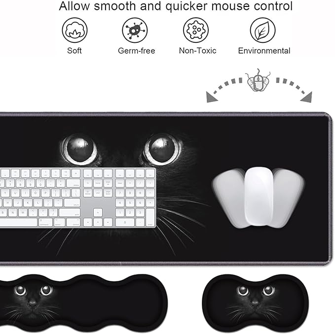 Ergonomic Keyboard Wrist Rest &amp Mouse Pad Wrist Rest Set Large XXL Gaming Desk Mat 31.5x 11.8 with Memory Foam Easy Typing Pain Relief for Office &amp Home Cute Black Cat Face
