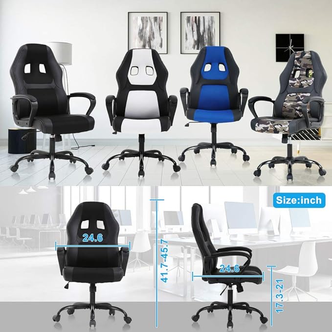 Gaming Chair Ergonomic Computer Desk Chair Adjustable PU Leather Racing Chairs with Lumbar Support Armrest High Back Swivel Computer Chairs for Adults Black