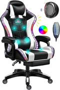 White Gaming Chair with LED Light Ergonomic Pro Gaming Chair with Full Massage Lumbar Support Bluetooth Speakers Computer Chair for Retractible Footrest and Backrest AdjustableWhite