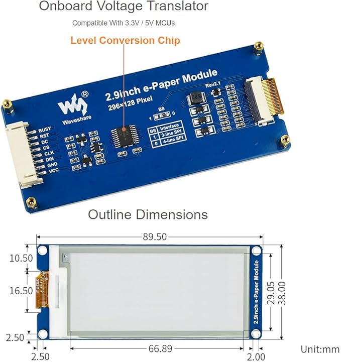 2.9inch e-Paper Display Module 296x128 Resolution 3.3V/5V Two-Color epaper Display E-Ink Screen Module SPI Interface Compatible with Raspberry Pi/Arduino/Jetson NanoSupport Partial Refresh