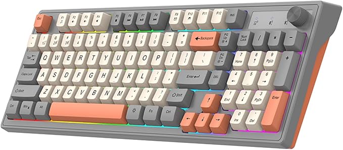 Docooler Gaming Keyboard Dual-Mode BT/2..4GHz Mechanical Keyboard with Backlit Rechargeable Keyboard 98 Keys Wireless Keyboard with Volume Control Knob for Computer Laptop PC - Gray/Blue/Shimmer