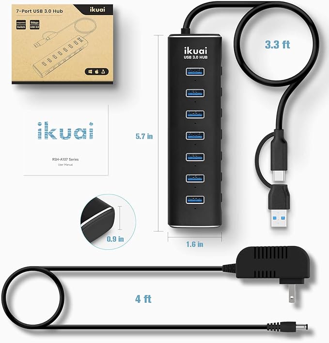 Powered USB 3.0 /USB C Hub ikuai Aluminium 7-Port USB Hub Splitter with AC Adapter LED Individual On/Off Switches and 3.3ft Extended Long Cable for Laptop Mac PC Flash Drive Mobile HDD