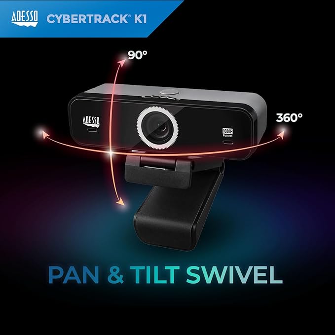 Adesso CyberTrack K1 1080P Full HD Fixed Focus USB Webcam with Adjustable View Angle Built-in Dual Microphones Privacy Shutter Audio/Video Mode Privacy ON/Off Switch &amp Tripod Mount