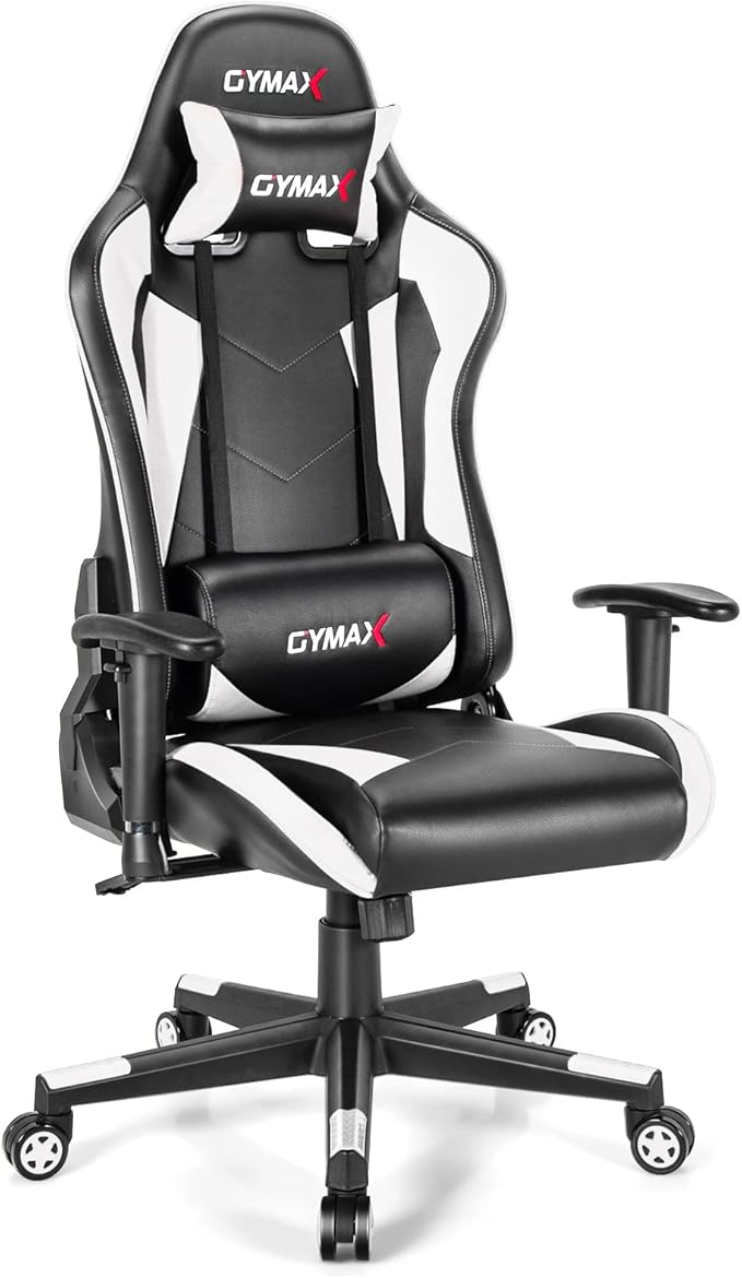 GYMAX Computer Gaming Chair Racing Style Office Chair with Adjustable Lumbar Support Headrest 360° Swivel Height Adjustable Ergonomic Reclining Gaming Chair for Home Office Leisure Room (White)