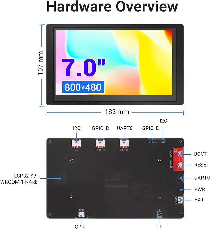 ELECROW ESP32 Display 800×480 7 Inch HMI Basic ESP32 RGB TFT LCD Touch Screen with Acrylic Case 32-Bit LX6 Dual-Core Processor Up to 240MHz Compatible with Arduino LVGL PlatformIO MicroPython