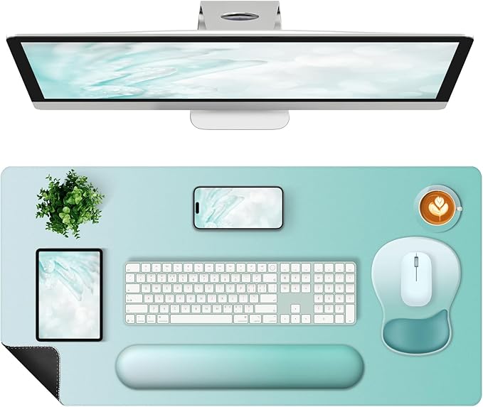 4-in-1 Large Gaming Mouse Pad Keyboard Wrist Rest Pad &amp Wrist Support Mousepad Set Extended Desk Pad Waterproof Desk Mat Protector for Home Office Decor Study Game 35.4×15.7 Inches I Mint Green