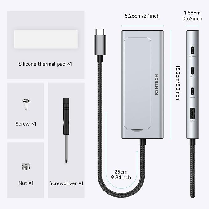 RSHTECH 5-in-1 USB C Hub with M.2 NVMe/SATA SSD Enclosure 10Gbps USB Data Ports (1A + 2C) and 100W Power Delivery Aluminum USB-C Dock Dongle for MacBook Laptops and More