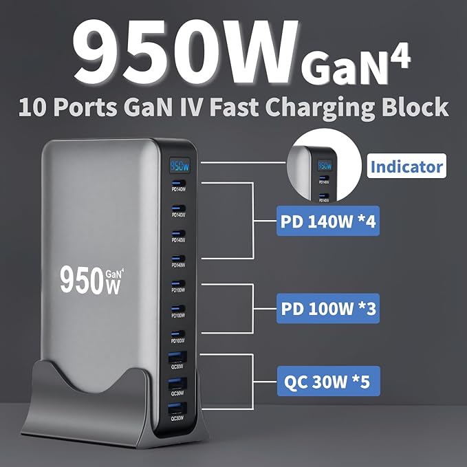 950W USB C Fast Charger Block 10 Ports GaN IV Pro USB Chagring Station 140W PD QC HUB for Multiple Devices Laptop Adapter Compatible with MacBook Pro/Air iPad iPhone Pro Max Galaxy Dell HP
