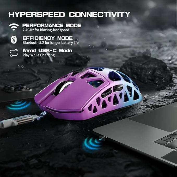 FELICON x Attack Shark R3 Magnesium Alloy Wireless Gaming Mouse 46g Ultra-Lightweight Skeletal Shell PAW3395 26K DPI 8K Polling Tri-Mode 2.4G/BT/Wired for PC Mac Laptop - Purple