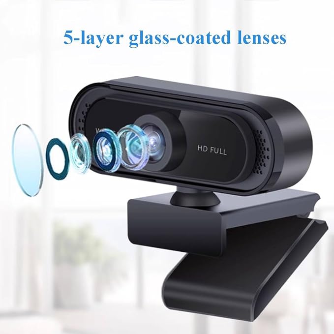 GIZNXBA 1080p Webcam with Microphone Clear Stereo Audio HD Light Correction Wide-Angle Lens Privacy Cover Wide Field of View for Pc Streaming(Black A)