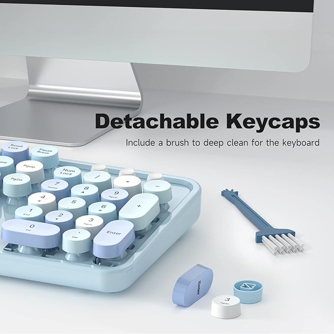 Computer Keyboard Wired Plug Play USB Retro Round Typewriter Keyboard Full Size Wired Keyboard with Foldable Stands for Laptop and Office PC - Blue Colorful