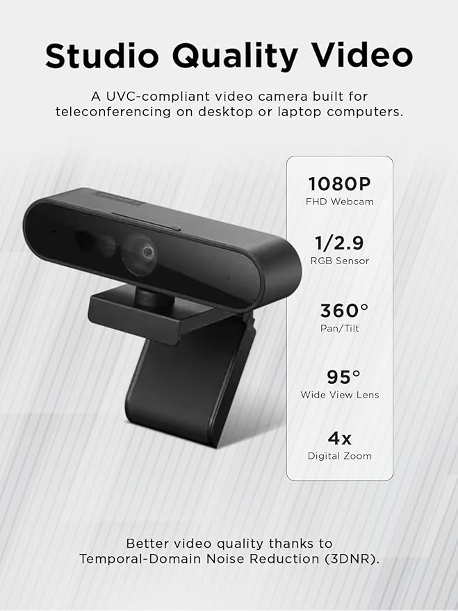 Lenovo Performance FHD 1080p Webcam USB-CLog-on with Windows Hello Dual Microphones 95 Degree Lens and 4X Digital Zoom Sliding Privacy Shutter Black