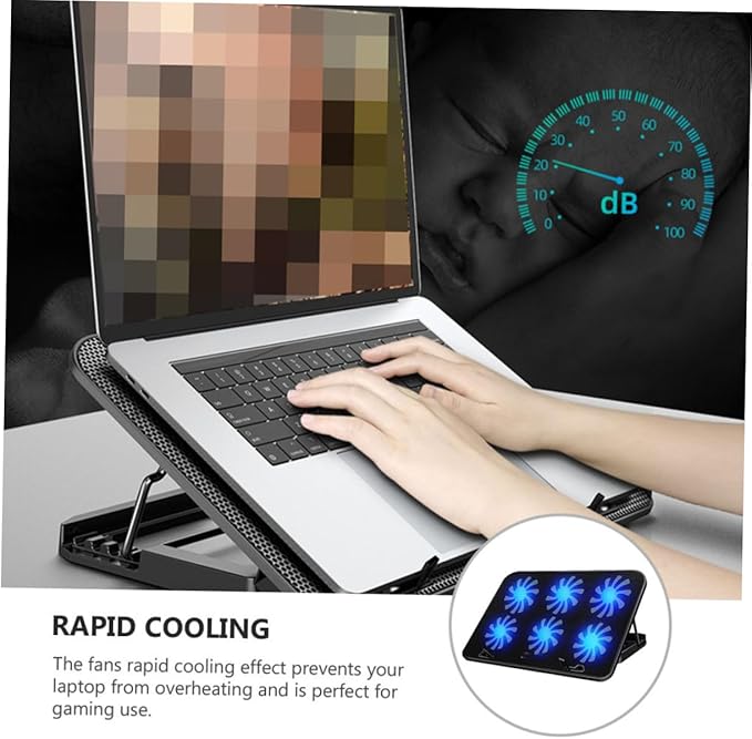 Adjustable Speed Laptop Cooling Rack with Six Fans Laptop Stand Pad for Neck Relief and Convenient Reading Black Cooling Base