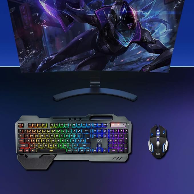Wireless Gaming Keyboard and MouseRGB Backlit Rechargeable Keyboard Mouse with 5000mAh Battery Metal PanelRemovable Hand Rest Mechanical Feel Keyboard and 7 Color Gaming Mute Mouse for PC Gamer