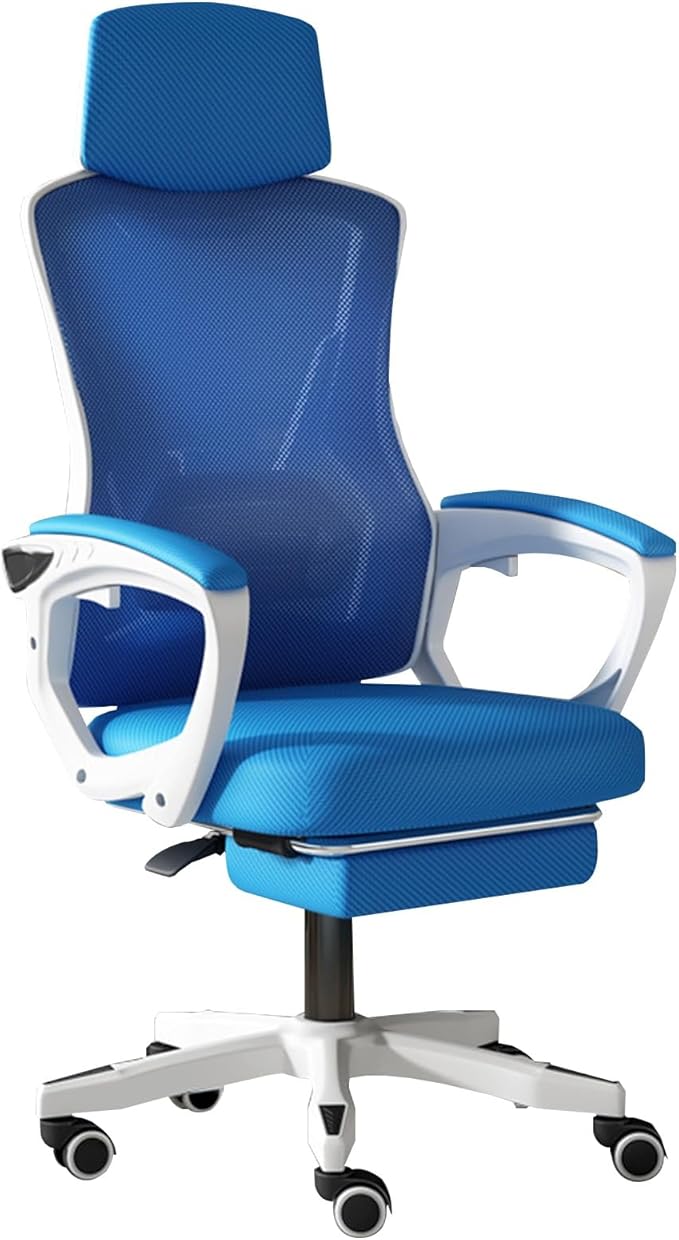 Ergonomic Gaming ChairLatex Cushion Comfortable and Breathable Office Chair Height Adjustable Computer Chair with Footstool(WhiteWithout_Blue)