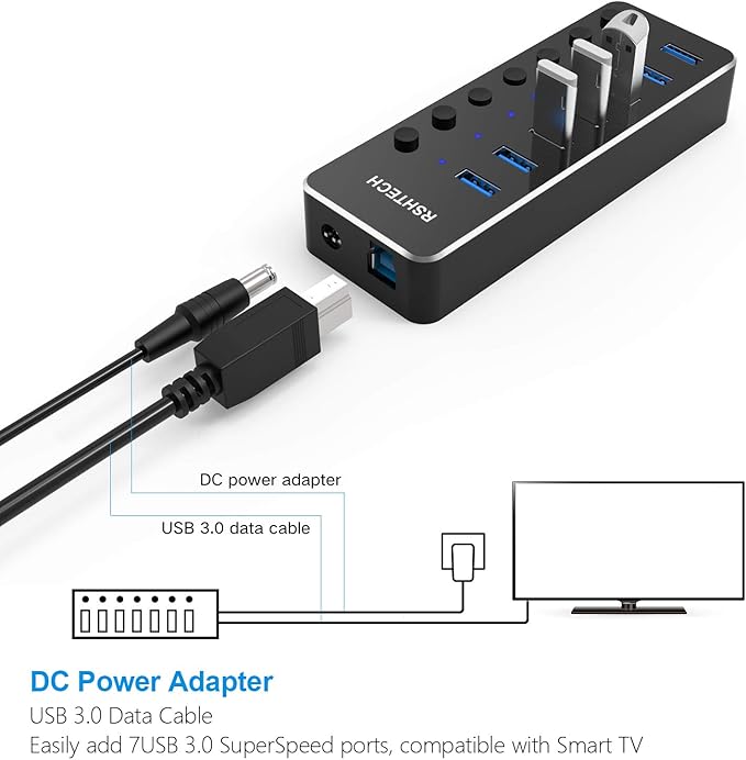 USB 3.0 Hub RSHTECH 7 Port Powered USB Hub Expander Aluminum USB 3.0 Data Port hub with Universal 5V AC Adapter and Individual On/Off Switches USB Splitter for Laptop and PC(Black)