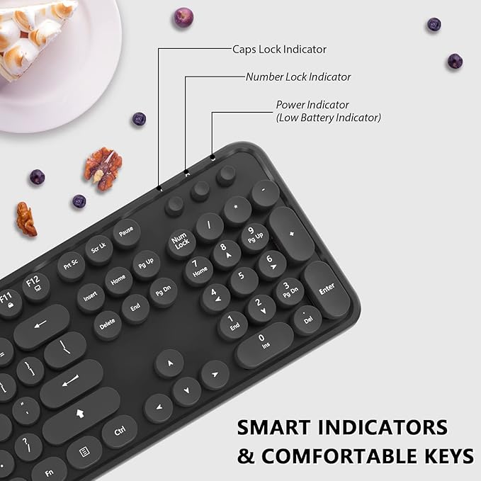 Wireless Keyboard and Mouse Combo Cute Full Size 104-Key Typewriter Retro Round Keycaps Keyboard for PC LaptopWindowsDesktopPerfer for Home and Office Keyboards (Black)
