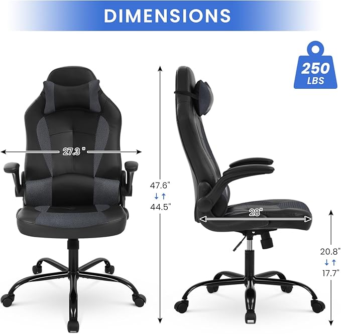 Gaming Chair PU Leather Computer Chair with Flip-up Armrest and Lumbar Support Ergonomic High Back Home Office Chair Comfy Video Game Chair for Home Bedroom Grey