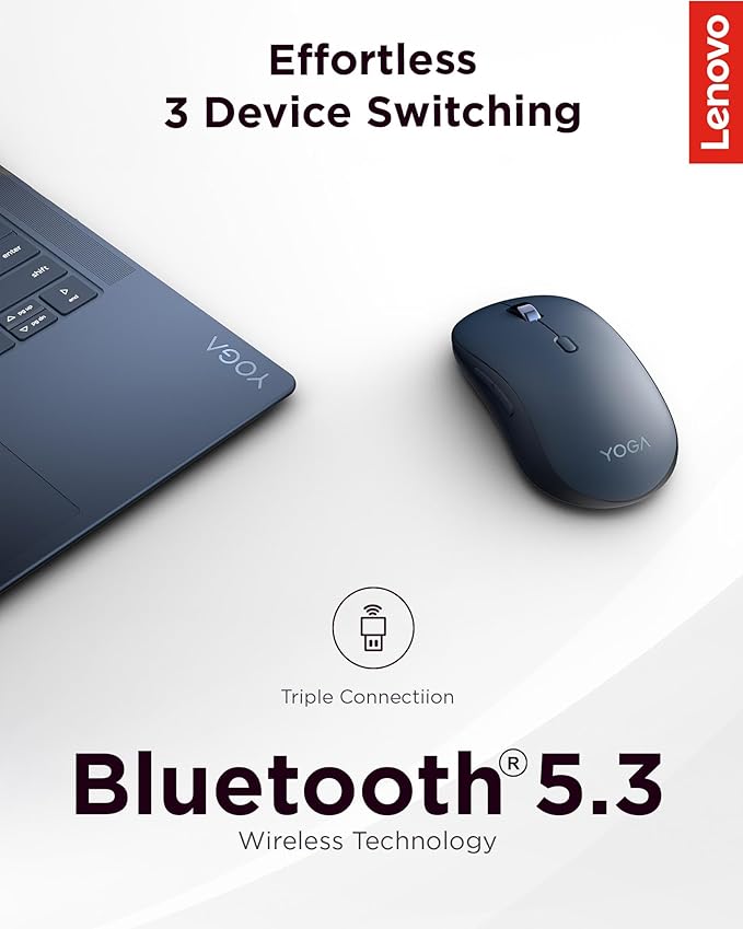 Lenovo Yoga Bluetooth Silent Mouse 3 Level DPI Adjustment 36 Month Battery Life Bluetooth 5.3 3 Device Paring Whisper Quiet Programmable Buttons Smooth Finish Cosmic Blue