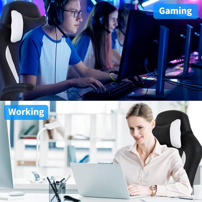 Office Chair PU Leather Desk Gaming Chair High Back Racing Height Adjustable Computer Chair with Back Lumbar Support and Removable Headrest Executive Swivel Chair Flip-Up Armrest Task Chair- White