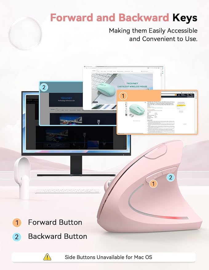 TECKNET Ergonomic Mouse 4800 DPI Wireless Vertical Mouse with 5 Adjustable DPI Levels 2.4GHz Optical Carpal Tunnel Mouse 6 Buttons for Laptop Desktop PC MacBook - Pink
