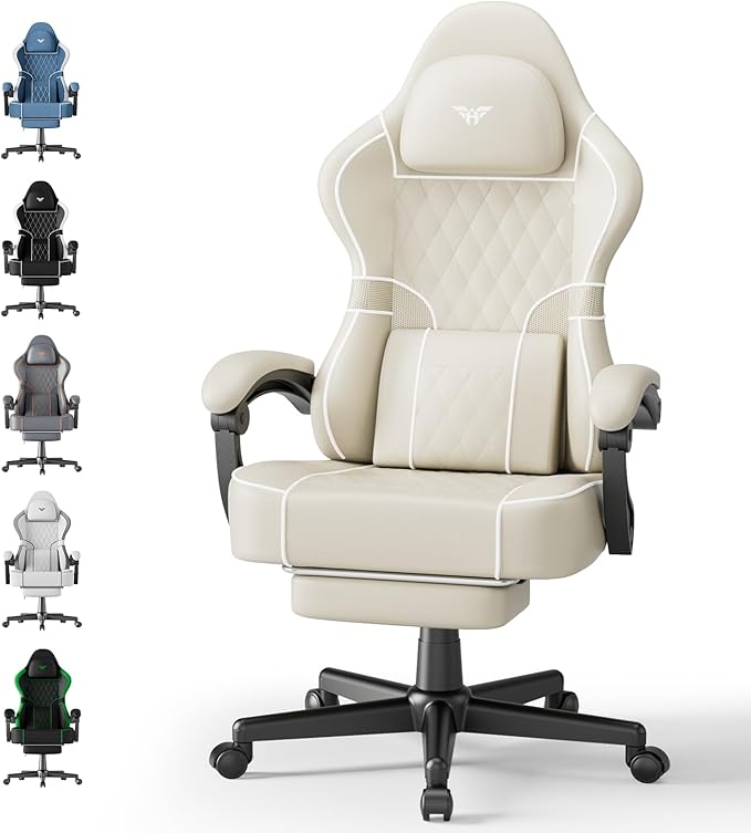 Ferghana Gaming Chair Leather Comfortable Computer Chair with Footrest and Linkage Armrest Ergonomic High Back Game Chair with Massage Lumbar Support for Adult Beige